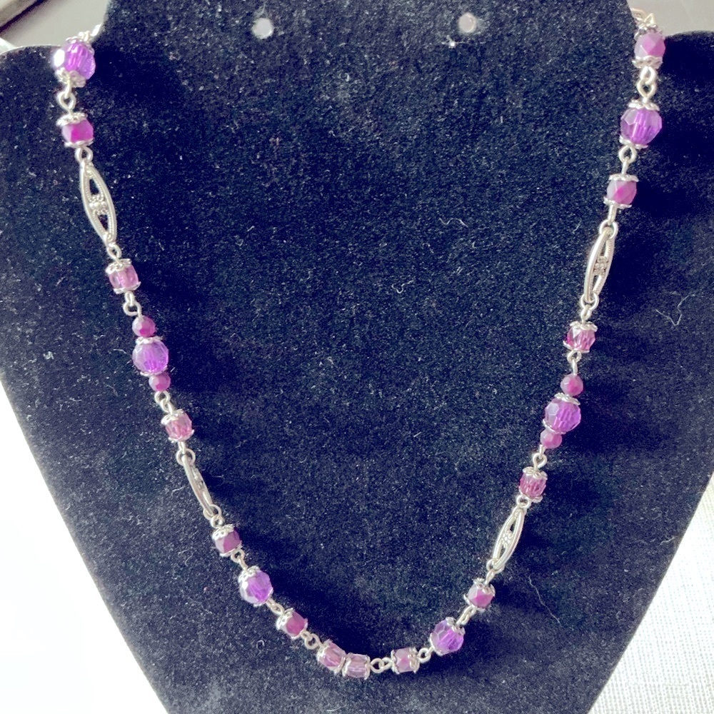 Purple Glass Bead Silver Tone Necklace